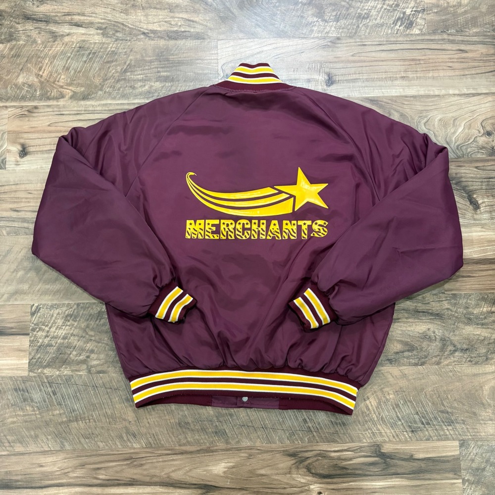 Vintage Butwin Jacket Mens L Maroon Merchants Varsity Satin Bomber 80s USA Made